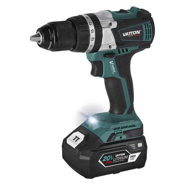 TALADRO BATERIA 20V PERCUTOR CON 1 BATERIA 2.0AH Y CARGADOR **MOTOR SIN ESCOBILLAS** **OFERTA** VATTON