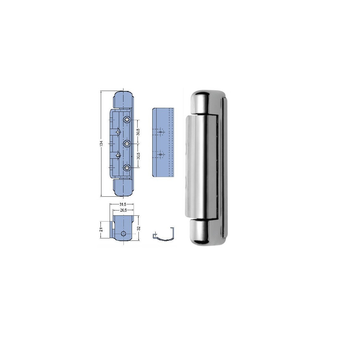 Bisagra vertical zamak 134mm con embellecedor inox sin muelle Peso 250gr