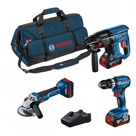 Kit de 3 herramientas: GSB + GWS + GBH + 2 GBA 18V 5.0Ah + PC18V 5.5Ah + GAL - BOSCH